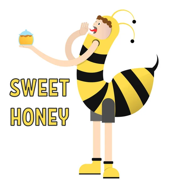 Boy Bee Costume Sells Honey Vector Image Flat Design Cartoon — Stock Vector