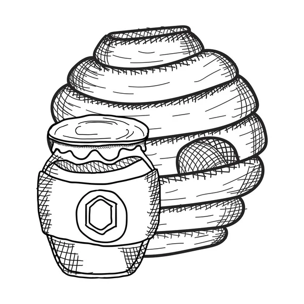 arı kovanı, house için bal arısı ve tatlım banka, vektör görüntü sketch, stil, siyah ve beyaz resim anahat