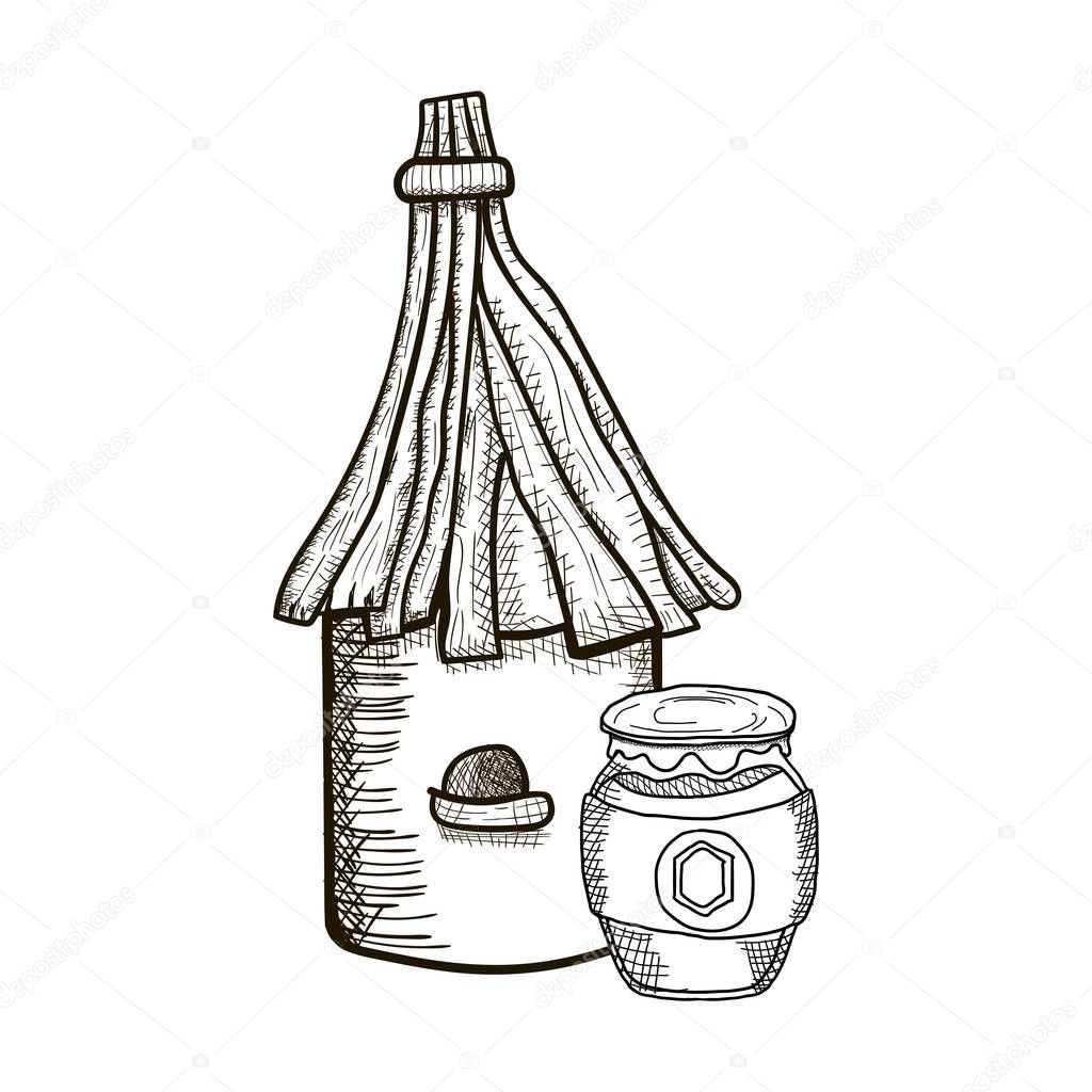 sketch bee hive,house for honey bee and a honey bank,vector image,outline style,black and white picture