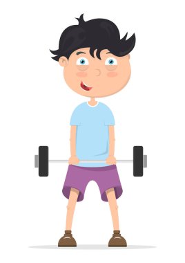 çocuk ağır halter kaldırıyor, Çocuk spor, ağırlık kaldırma, vektör görüntü, düz tasarım, çizgi film karakteri için gidiyor,