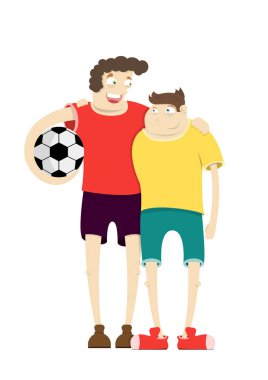 futbol, dostu kucaklama, vektör görüntü, düz tasarım, bir top ile oynayan iki futbol oyuncular karakter karikatür