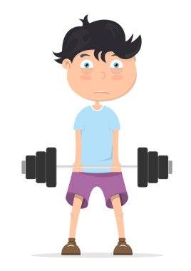 çocuk ağır halter kaldırıyor, Çocuk spor, ağırlık kaldırma, vektör görüntü, düz tasarım, çizgi film karakteri için gidiyor,