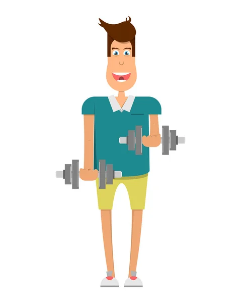 Man Goes Sports Sports Equipment Practice Weightlifting Metal Dumbbells Healthy — Stock Vector