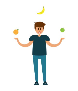 adam juggles olgun meyve, vektör görüntü, düz tasarım, çizgi film karakteri ile