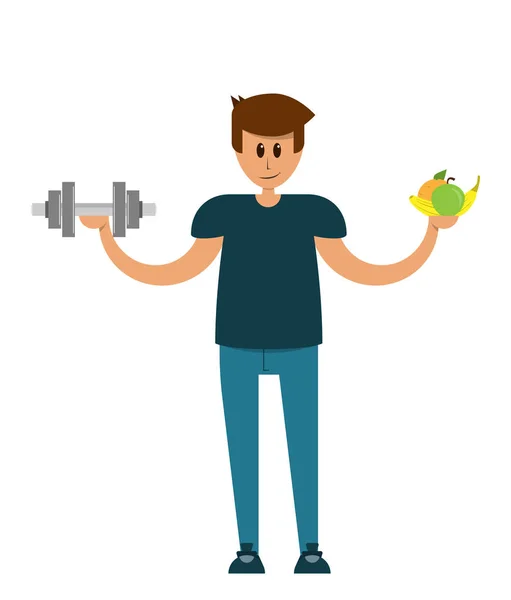 男を保持するダンベルと彼の手 運動と健康的な食事 ベクトル画像 フラットなデザインのフルーツ — ストックベクタ