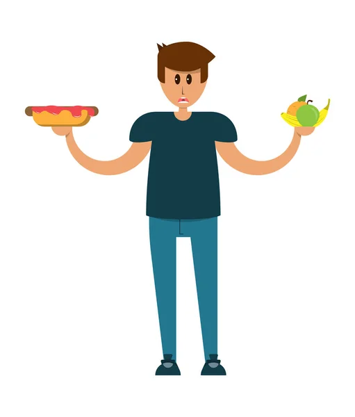 Man Holding Hot Dog Fruit Useful Harmful Food Vector Image — стоковый вектор