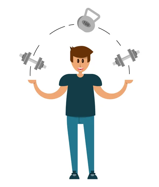 Man Juggles Heavy Dumbbells Vector Image Flat Design Cartoon Character — стоковый вектор