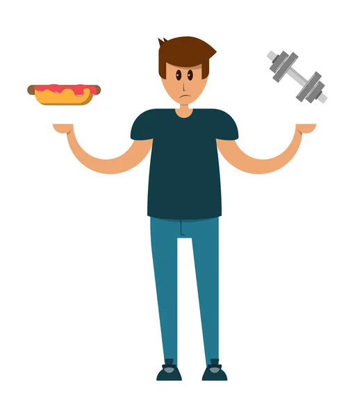 Man Holds Hot Dog Heavy Dumbbell Healthy Lifestyle Vector Image — стоковый вектор