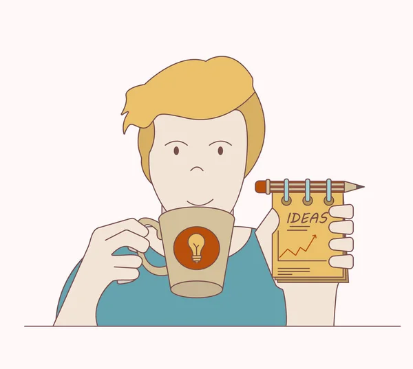 içme kahve dostum ve gelişmekte olan bir iş planı, başarılı planlama, vektör görüntü, düz tasarım, karikatür karakter