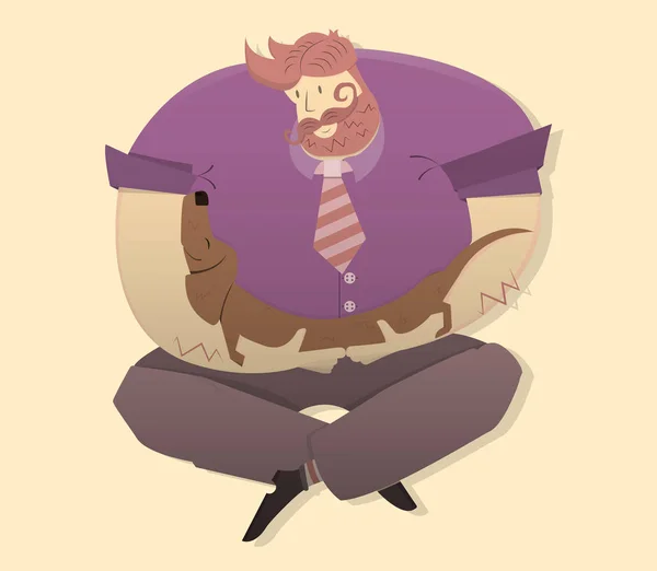 Dachshund ve büyük adam, köpek bir adam, vektör görüntü, düz tasarım, renkli resimde kollarında uyuyor.