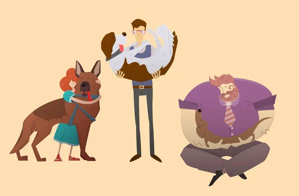 onların köpekleri ile insan ve hayvan, vektör görüntü, düz tasarım, çizgi film karakterleri arasındaki aşk insanlar