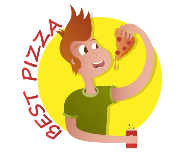 Man eet pizza met worst, vector image, stripfiguur — Stockvector