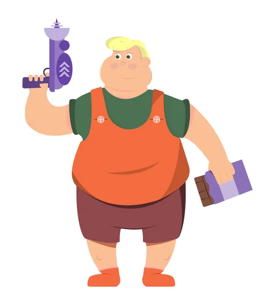 küçük çocukla oyuncak tabanca ve çikolata, vektör resim, karikatür karakter