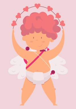 Aşk tanrısı kalplerini elinde tutar. Ok ve yayla çocuk melek. Sevgililer günü, vektör resim, çizgi film karakteri