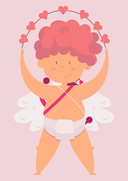 Aşk tanrısı kalplerini elinde tutar. Ok ve yayla çocuk melek. Sevgililer günü, vektör resim, çizgi film karakteri