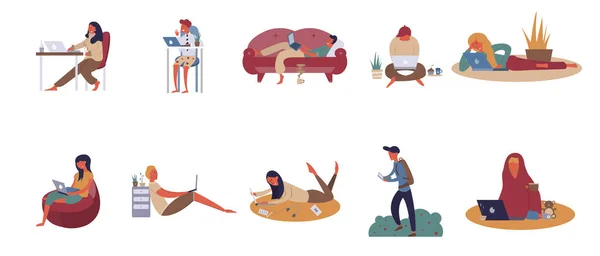 insanların uzaktan çalışma ile bir dizüstü bilgisayar, evde çalışma, renkli karakterler ile simgeler kümesi