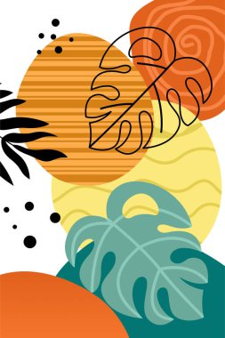 Sanatsal Yaprak Motifli Modern Tropikal Soyut Resimler. Yapraklar ve Parlak Renklerle Soyut Tropik Duvar Sanatı