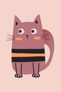 Düz modern tarzda Kawaii kedi vektör çizimi. Düz arkaplanlı şirin kedi çizimi