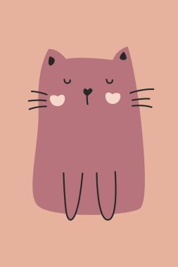 Düz modern tarzda Kawaii kedi vektör çizimi. Düz arkaplanlı şirin kedi çizimi