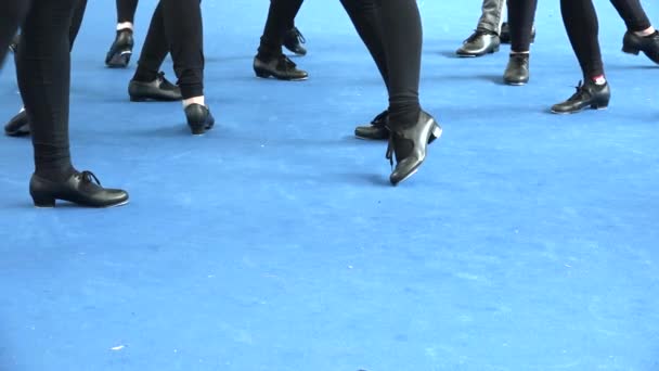 People Dancing Tap Dance Musical Festival Tappers Striking Blue Floor — Stock Video