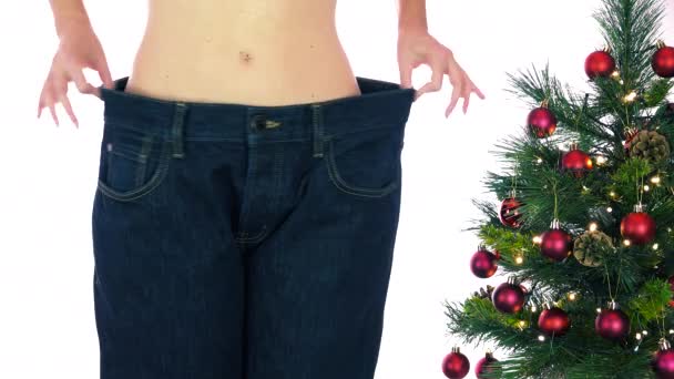 Skinny Woman Slimming Christmas Holidays Dieting Losing Weight Reducing Waistline — Stock Video