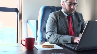 Ofiste hızlı çalışan ve sandviç yiyen meşgul bir yönetici. Stresli bir yaşam tarzı, durmaksızın. Aktif beyaz adam öğle yemeği molası vermeden bilgisayarda yazıyor, teslim tarihine yetişmek için baskı altında çok çalışıyor.