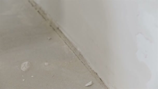 Werknemer brengt stopverf aan op de muur. Extra close-up — Stockvideo