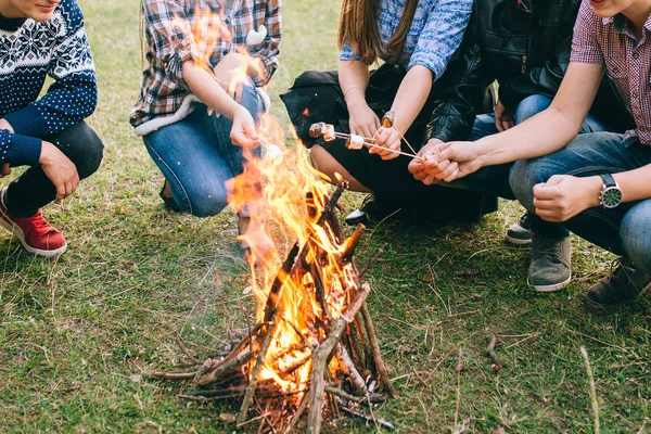 Amigos asando malvaviscos sobre el fuego —  Fotos de Stock
