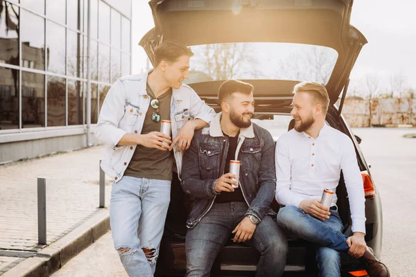 A bunch of friends talking in the car trunk. Summertime — Stock Photo, Image