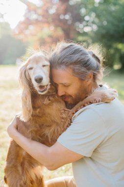 Güneşli bir parkta cocker köpeğini kucaklayan bir adam, birlikte huzurlu bir anın tadını çıkarırken sevgi ve şefkat yayıyor.