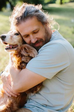 Olgun bir adam parkta cocker spaniel 'ini kucaklıyor güneşli bir günün tadını çıkarıyor ve evcil hayvanına sevgi ve şefkat gösteriyor.