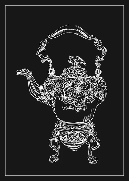 vector illustration of vintage teapot, rarity, vintage, antique, graphics, drawing, engraving, vintage engraving, design, decor, tableware, serving, Antiques, France, England, English decor, French set, illustration