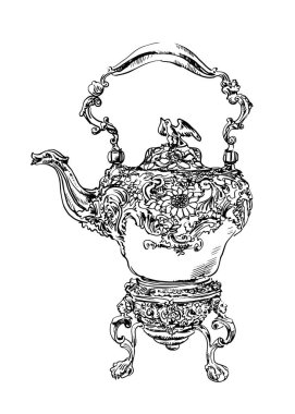 vektör çizimi vintage Çaydanlık, nadir, vintage, antika, grafik, çizim, oyma, vintage oyma, tasarım, dekor, sofra, Servisi, antika, Fransa, İngiltere, İngilizce dekor, Fransız ayarı, illüstrasyon