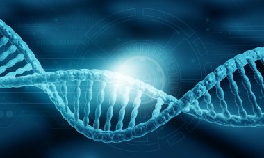 İzole edilmiş mavi arka plandaki DNA iplikleri. 3d illüstrasyon