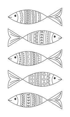 Doğrusal desenli dekoratif balık seti. Siyah ve beyaz vektör çizimi. Kart, poster, çıkartma, dövme, hatıra defteri, dekorasyon ögesi için tasarım.