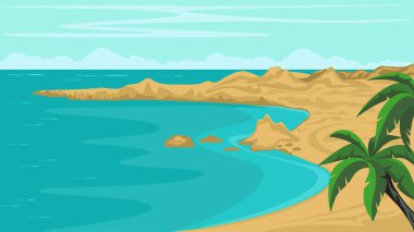 Rocky sahili ve palmiye ağaçları, tropikal manzara, yaz tatili ve seyahat arka planı, vektör illüstrasyonu, poster, afiş, metin veya tasarım için kopyalama alanı.
