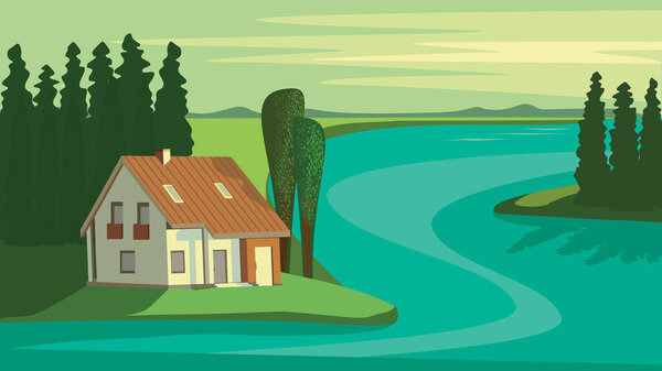 House by the river, vector illustration, quiet life in nature concept, cute nature background, poster, banner, space for text or design.