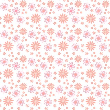 Pembe ve beyaz arka planda bej renkli papatyalar ve çiçeklerle kusursuz küçük ölçekli çiçek deseni. Tekstil ve giysi için mükemmel, çocuk ürünleri, kırtasiye malzemeleri, hediye paketi, hatıra defteri ve dijital kağıtlar.