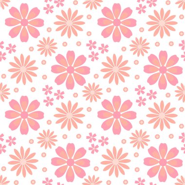 Beyaz arka planda pembe ve bej renkli büyük ve küçük papatyalarla kusursuz çiçek deseni. Tekstil ve giysi, duvar kağıdı, hediye paketi, kırtasiye ve dijital kağıtlar için tasarım.