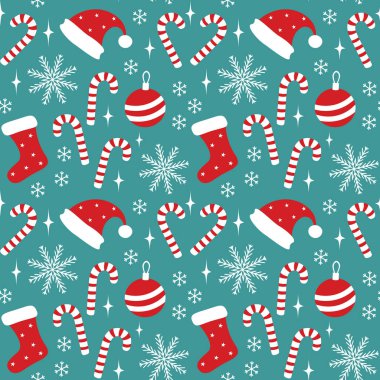 Kırmızı ve beyaz çizgili Noel desenleri, Noel Baba şapkaları, Noel çorapları, büyük ve küçük kar taneleri ve sessiz bir deniz mavisi arka planında parıldayan pırıltılar. Hediye paketi, tebrik kartları, parti dekorasyonu, tekstil, hatıra defteri için mükemmel.