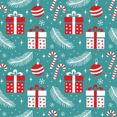 Hediye kutuları, çizgili şeker kamışları, köknar dalları, kar taneleri, ışıltılar ve kar noktaları olan kusursuz bir Noel deseni. Bayram hediyesi paketi, tebrik kartları, parti dekorasyonu, tekstil, hatıra defteri, dijital kağıt için ideal.