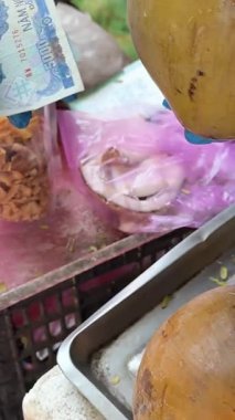 Bir turist kız elinde 25.000 Vietnamlı çükünü tutuyor ve Asya 'daki yerel bir gece pazarından hindistan cevizi almayı planlıyor. Yüksek kalite 4K yaya geçidi gelir fakiri tropikal meyveler satın alır. Yüksek kalite 4k