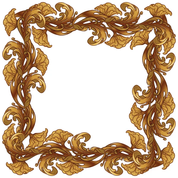 Acanthus växtblad ordnade i intrikata fyrkantig ram. Populär dekorativa motiv i antiken och barock konst. Tatuering design. Lyxiga golden linjär ritning på vit bakgrund. — Stock vektor