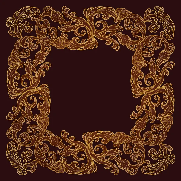 Acanthus plante des feuilles disposées dans un cadre carré complexe. Motif décoratif populaire dans l'antiquité et l'art baroque. Design de tatouage. Dessin linéaire doré de luxe sur fond brun foncé . — Image vectorielle