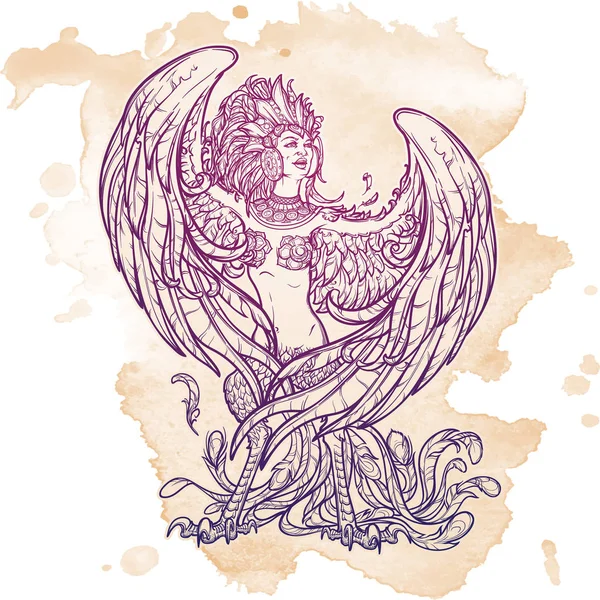 Sirin - half vrouw half-zangvogels Russische mythes en sprookjes. Zingen en lachen. Ingewikkelde lineaire tekening geïsoleerd op grunge achtergrond. Tattoo ontwerp. — Stockvector