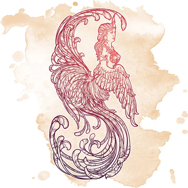 俄罗斯神话和童话中的 Gamayun 半鸟预言生物。在白色背景上隔离的复杂线性绘图。纹身设计. — 图库矢量图片