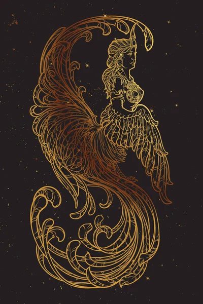 Gamayun - mitad mujer mitad pájaro criatura profética en los mitos rusos y cuentos de hadas. Dibujo lineal intrincado aislado sobre fondo negro con estrellas doradas. Diseño de tatuaje . — Vector de stock