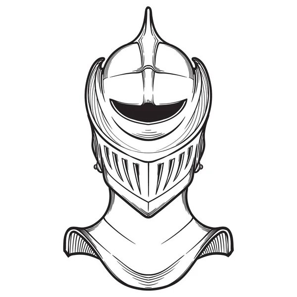 Medieval European helmet belonging to the heaume type. Side view. Heraldry element. Black a nd white drawing isolated on white background. — Stock Vector