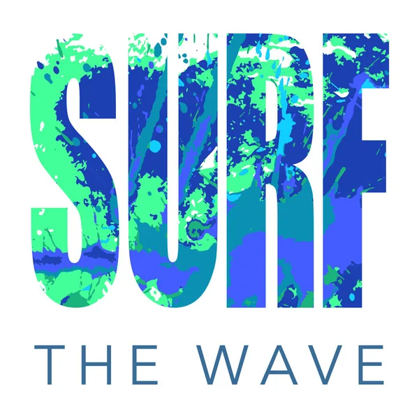 Surfing logo with sign and textured background with watercolor spots and splashes. — Stock Vector