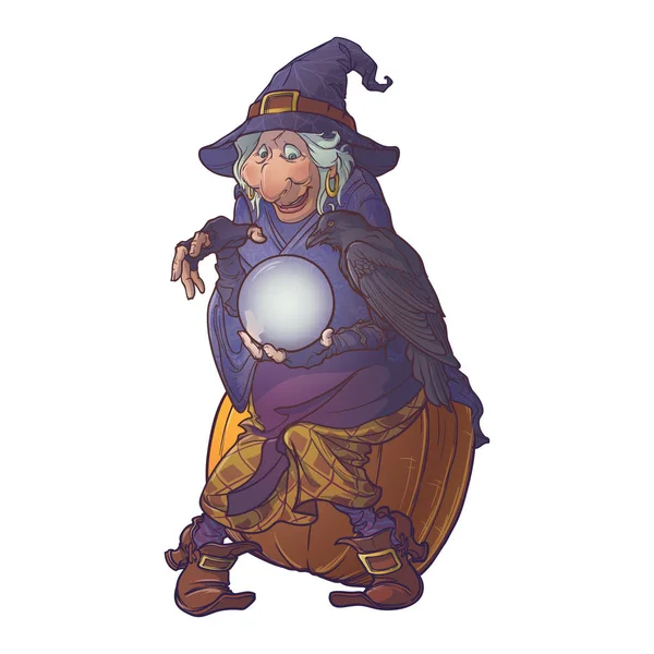 Old witch in a cone hat holding a crystal ball and foretelling the future. Funny cartoon style character. Linear drawing brightly colored and shaded. Isolated on a white background — Stock Vector